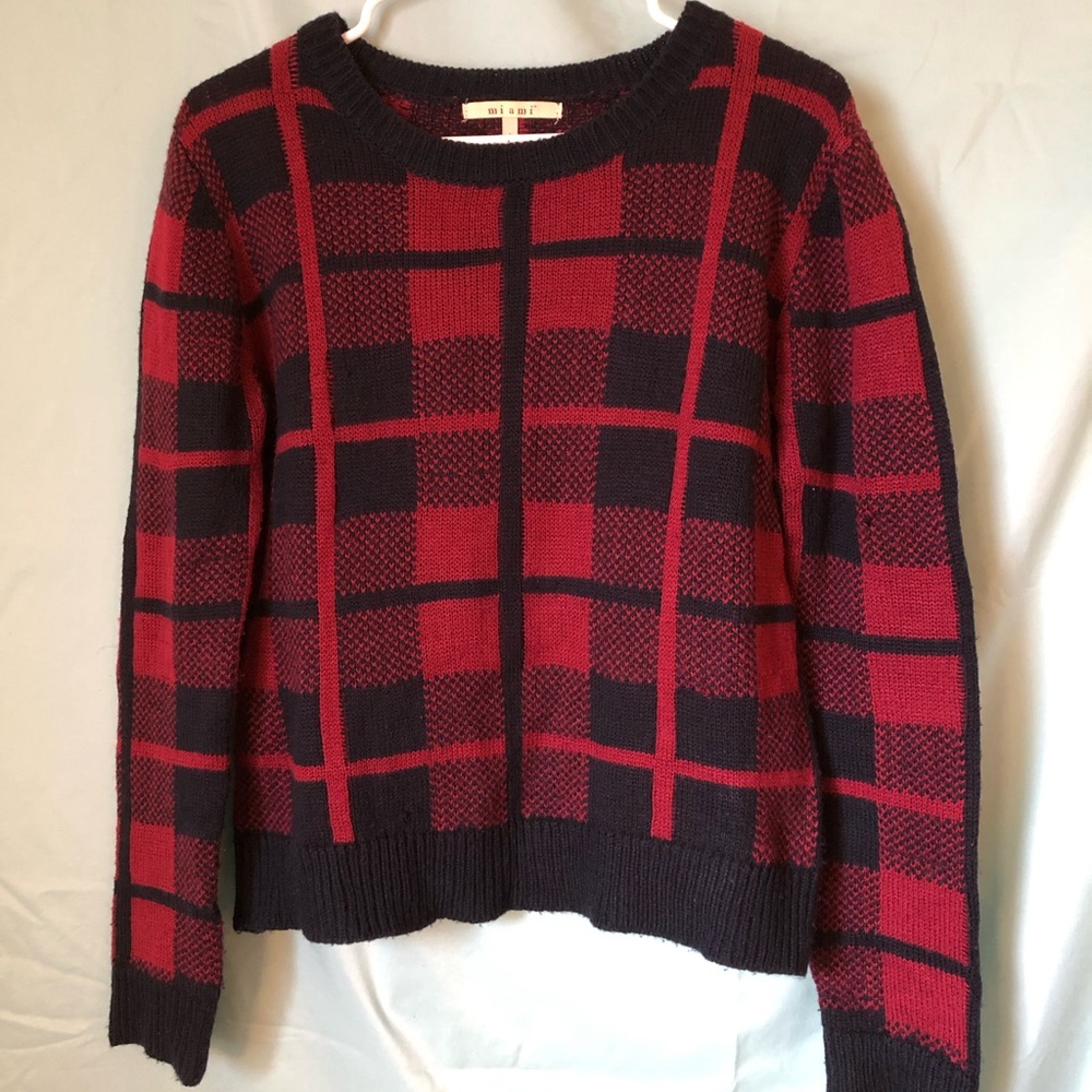 Miami Scoop Neck Sweater: Navy blue and red plaid: Size L: Shoulder width 17.5’’